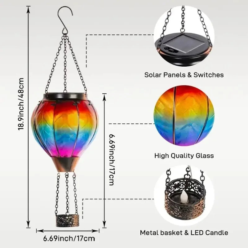 Vintage Solar Garden Lamp LED Flame Effect Hot Air Balloon Outdoor Decor Metal Glass Flickering Lawn Light Waterproof