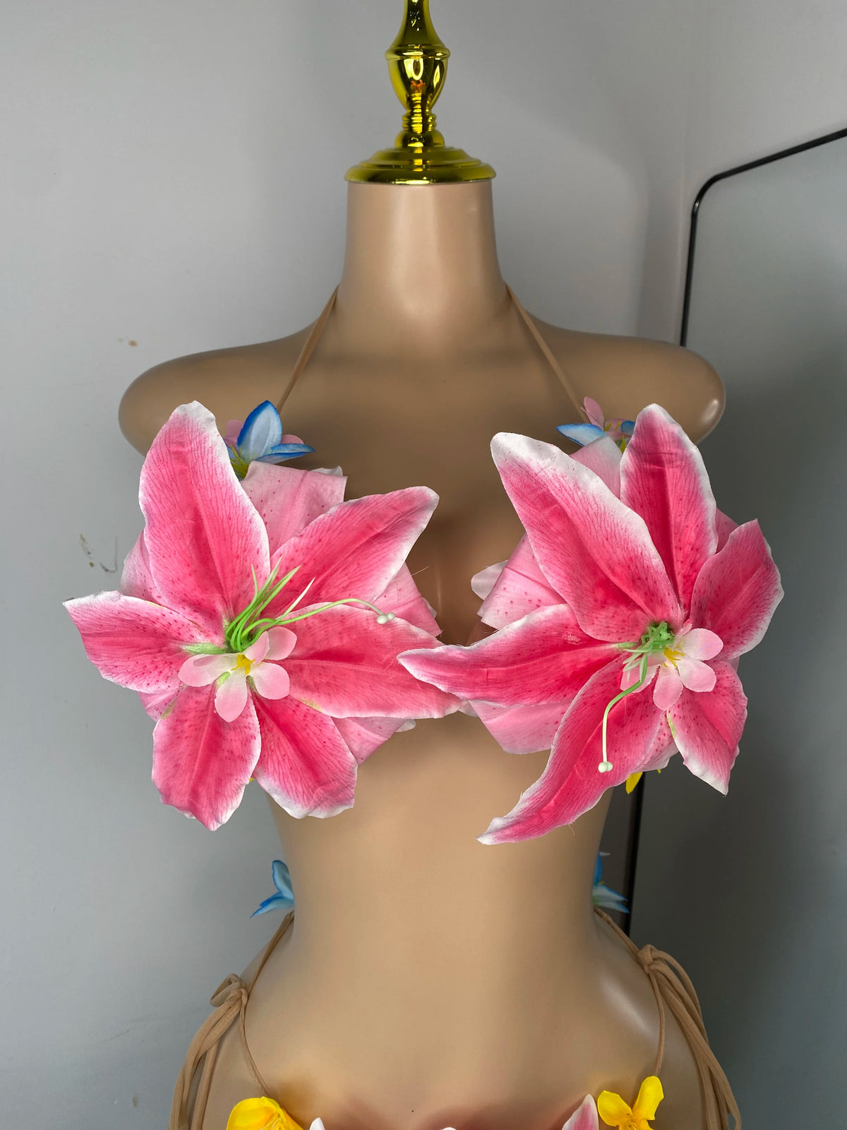Women Sexy Tropical Handmade Flower Trendy Bikini Two Pieces Transparent Floral Swimsuit Beach Outfit Dancer Performance Costume