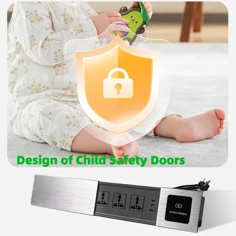 Universal Built-in Table Socket Slide Cover with USB Type-c Recessed Desktop Electrical Socket EU UK AU US Plug Wireless Charger
