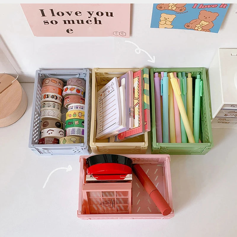 1 Pc Mini Foldable Desk Organizer Box Plastic Space-Saving Design Stationery Storage Basket for Tidy Student Workspaces
