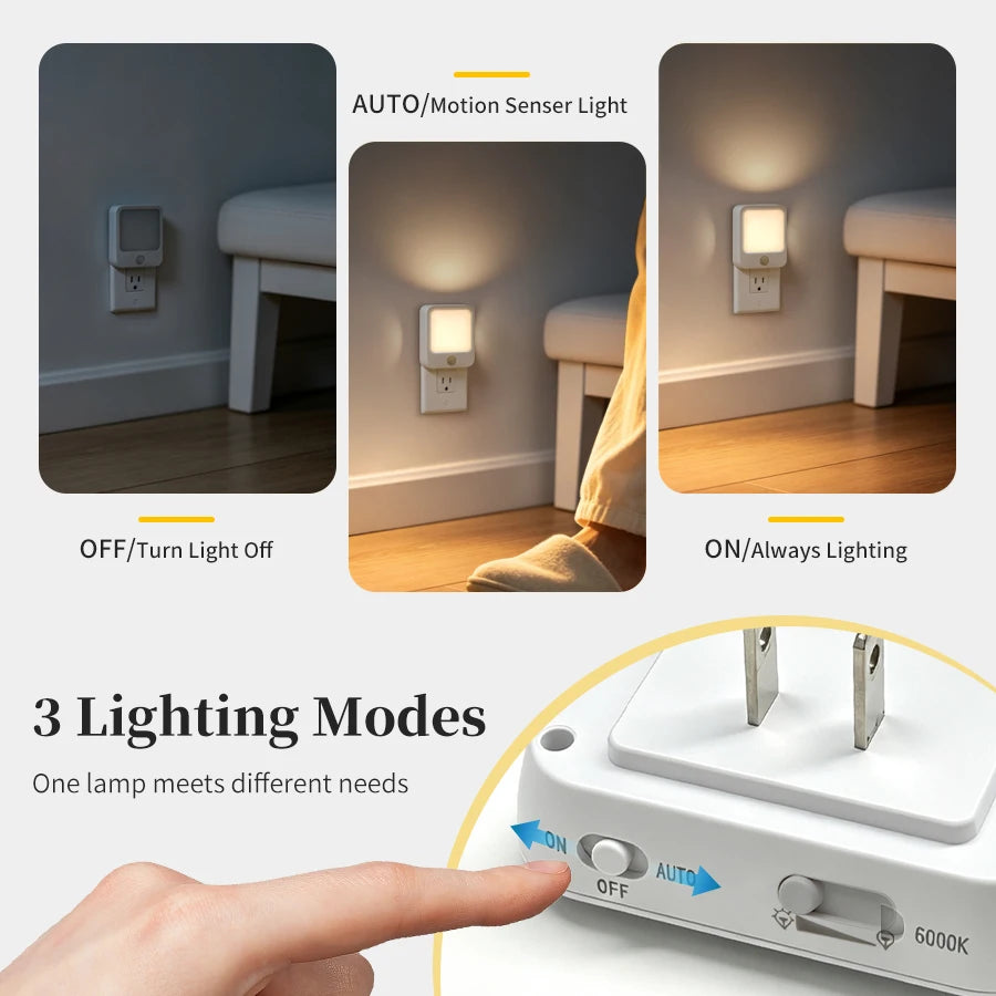 LED Lights Motion Sensor Cabinet Night Light Plug into Wall Dimmable Bedroom Lamps Bathroom Hallway Stairs Closet Kitchen Light