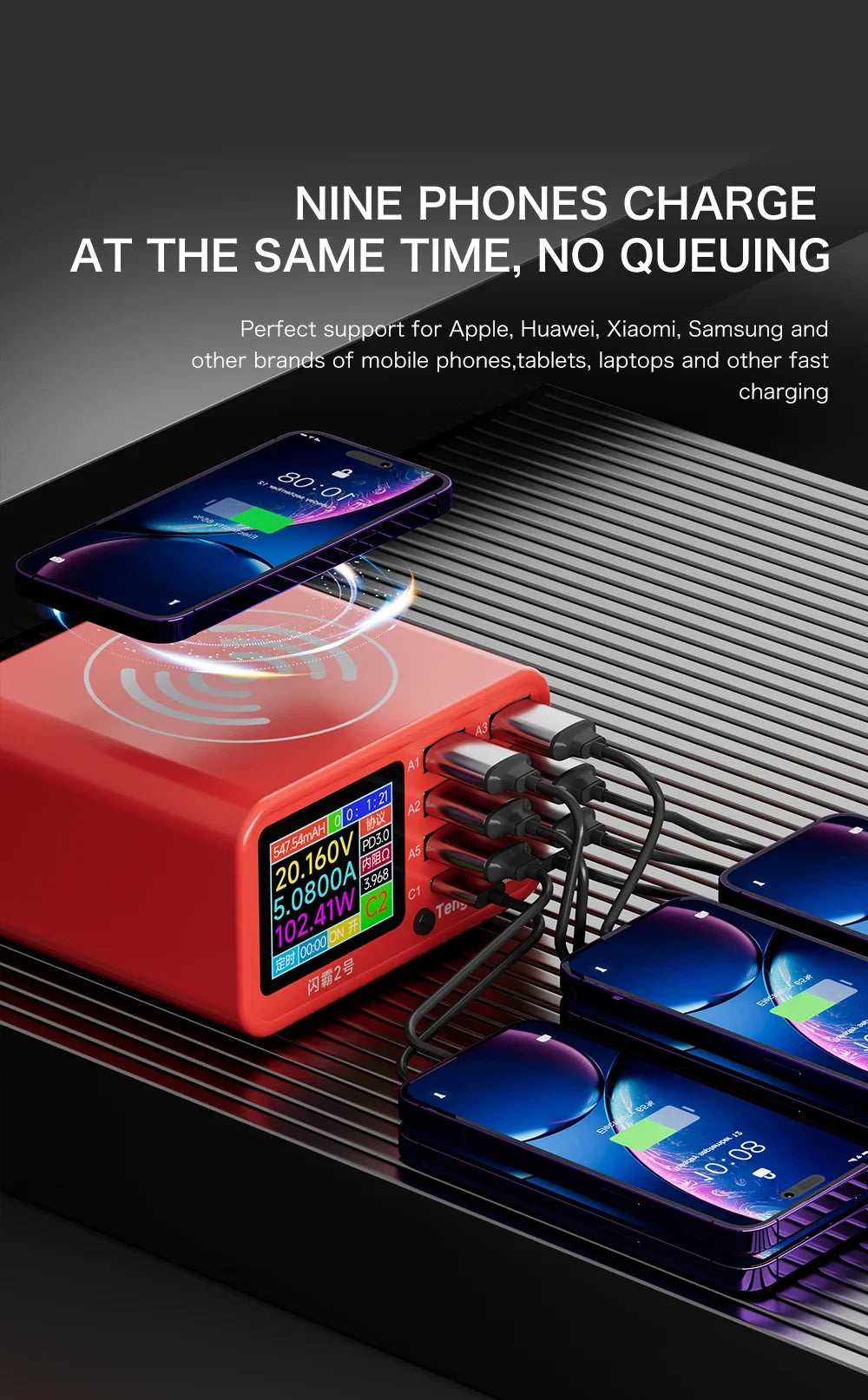 Multi-function Dianba NO.1 Pro 200W 20V 5A PD QC3.0 Fast Wireless Charger 8 Port USB Type C Mobile Phone Charger Desktop Hub
