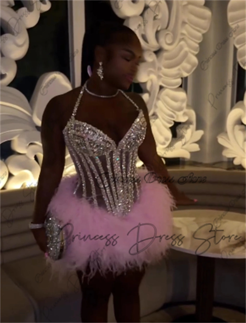 Shiny  Feather Birthday Prom Dresses Luxury Black Girls 2026 Beaded Rhinestones Homecoming Dress Mini Cocktail Gown Customized