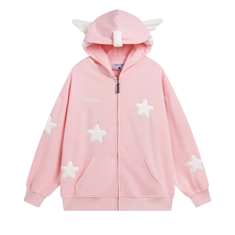 Japanese Kawaii Wing Hooded Loose Sweatshirt Women Autumn Long Sleeves Zipper Star Cardigan Oversized Coat Y2K Sweet Cute