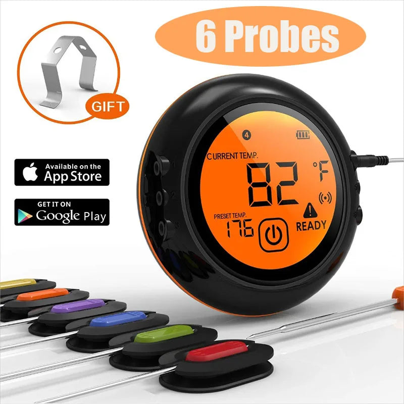 Wireless Bluetooth BBQ Thermometer For Meat Grill Barbecue Food Cooking Smoker Digital Thermometer Remote Range 100M  6 Probes