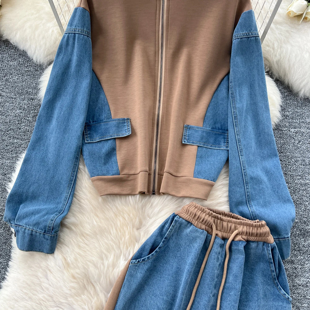 Pant Set Women Two Piece Sets Denim Stand Collar Matching Sets Casual Loose Tops Wide Leg Long Pants Lace Up Y2k Streetwear