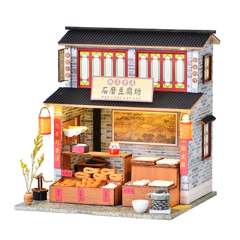 16 DIYJapanese Chinese style handmade wooden doll house Oden cooking car stall creative birthday gift collector decoration