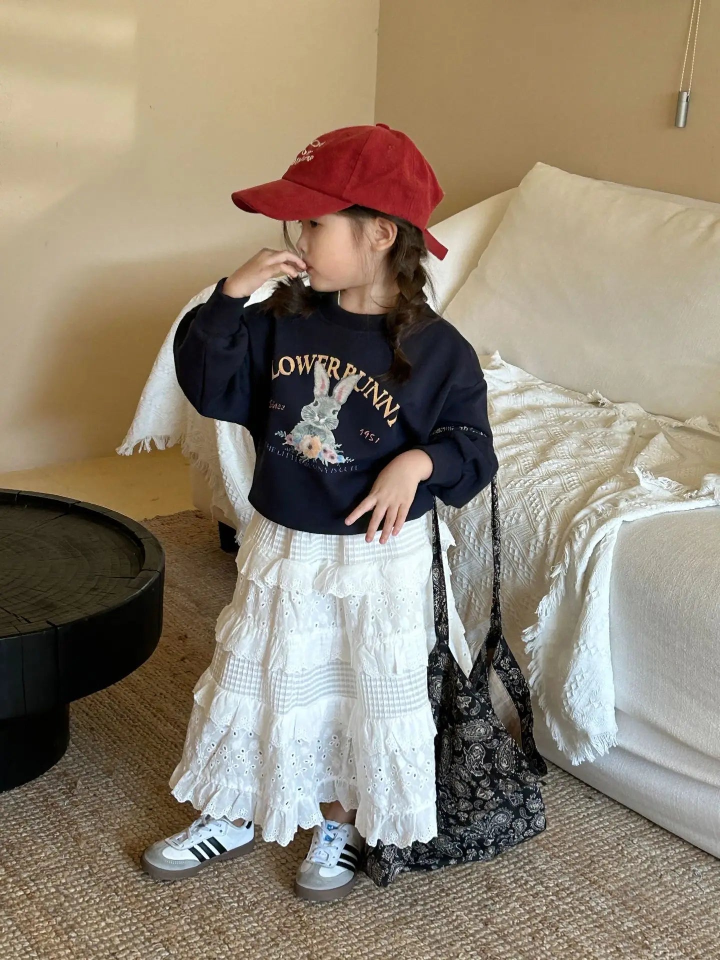 Korean Girls 2024 Navy Blue Cute Rabbit Sweatshirt+ White Lace Cake Skirt Girl 2pcs Cotton Set Fashion Baby Spring Autumn Outfit