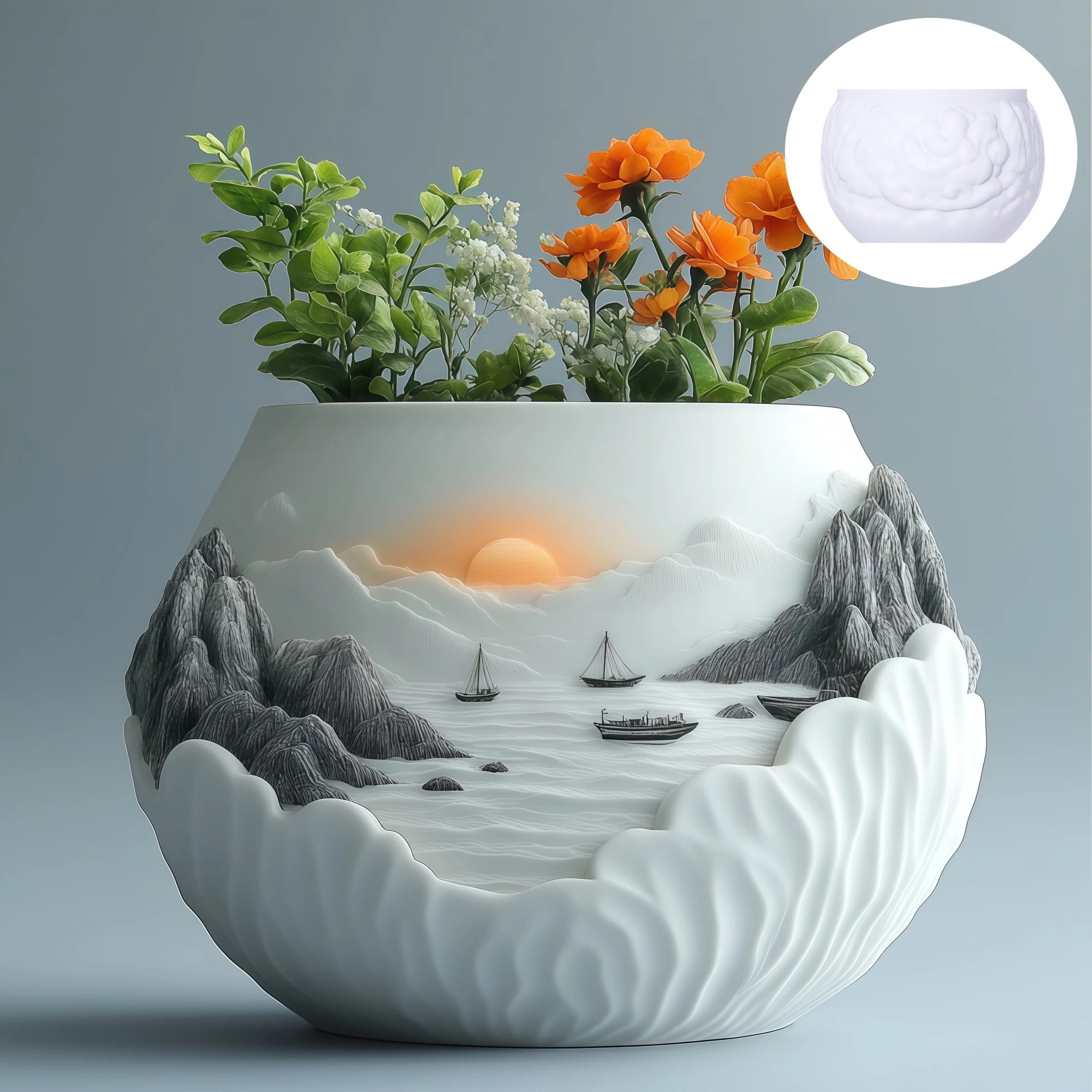Sea Bay Canyon Relief Succulent Plant Flower Pot Resin Silicone Mold Mountain Range Sea Sunrise Relief Storage Box Gypsum Molds