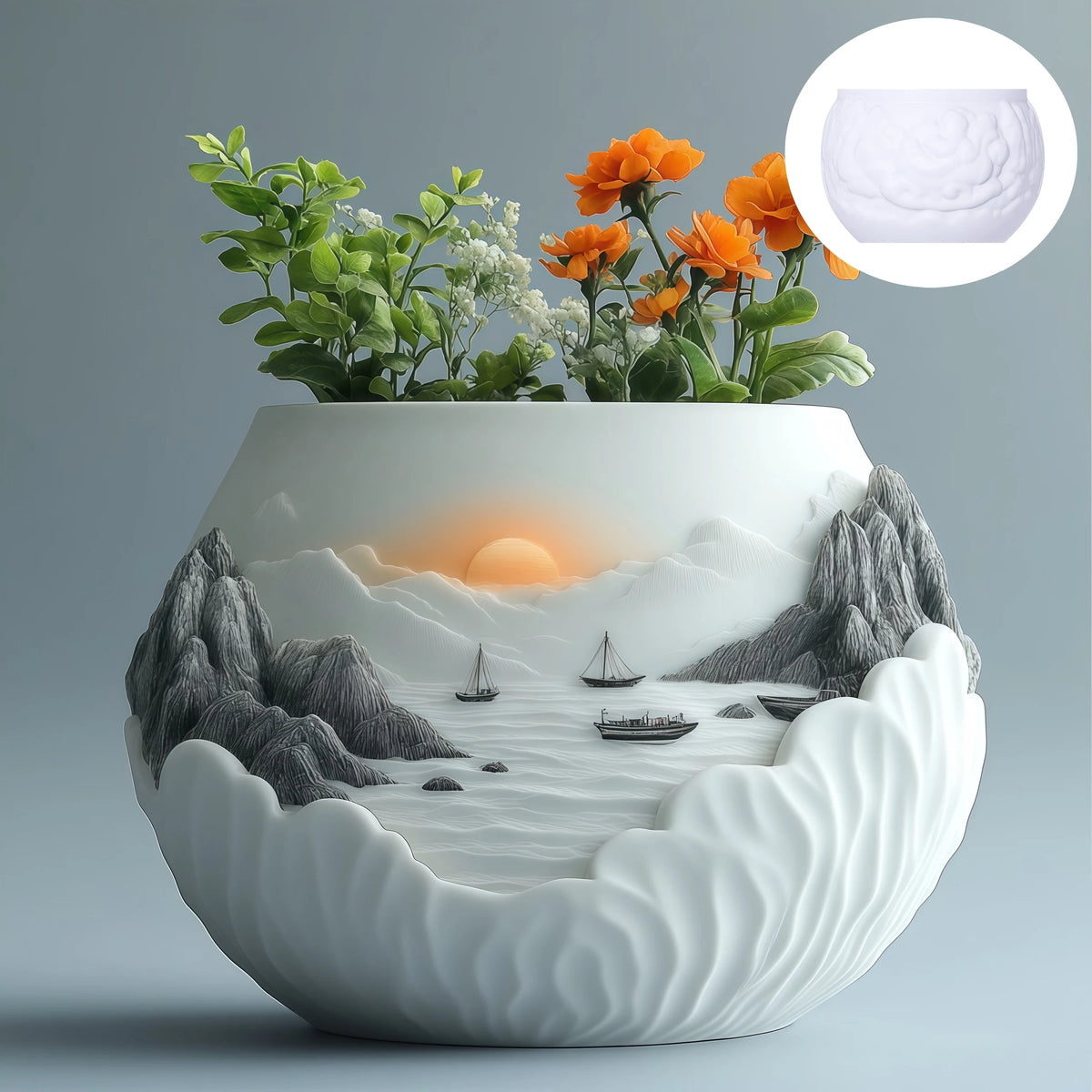 Sea Bay Canyon Relief Succulent Plant Flower Pot Resin Silicone Mold Mountain Range Sea Sunrise Relief Storage Box Gypsum Molds