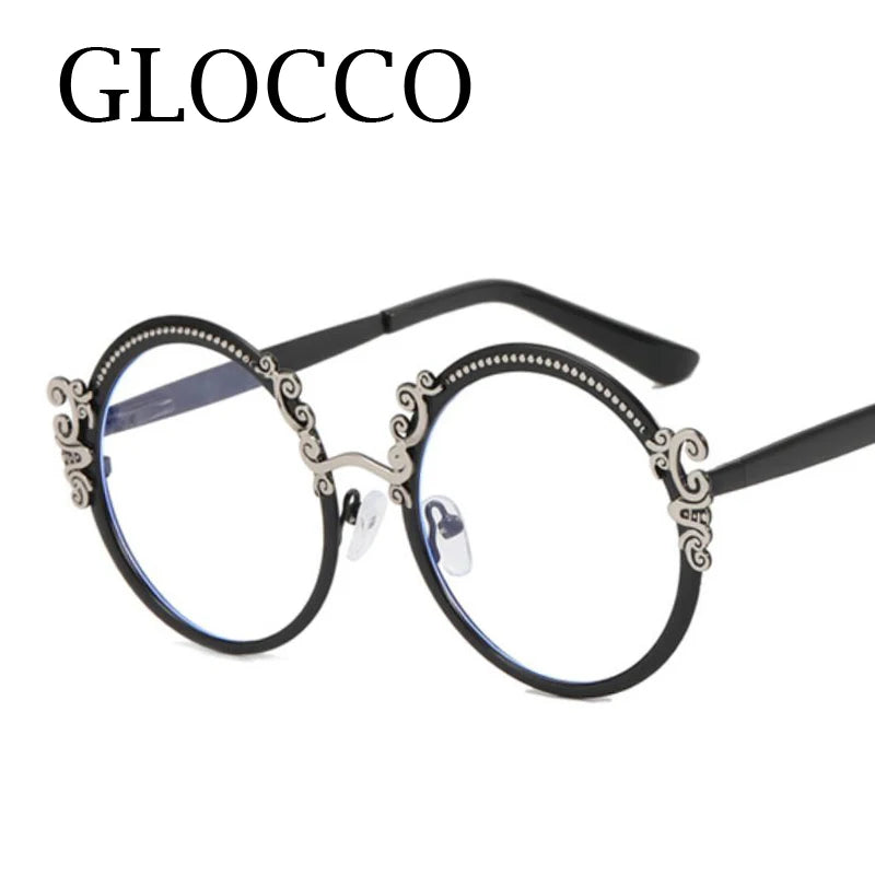 Gold Clear Carving Round Reading Glasses Women Unique Vintage Prescription Eyeglasses Metal Frame Blue Light Blocking Glasses
