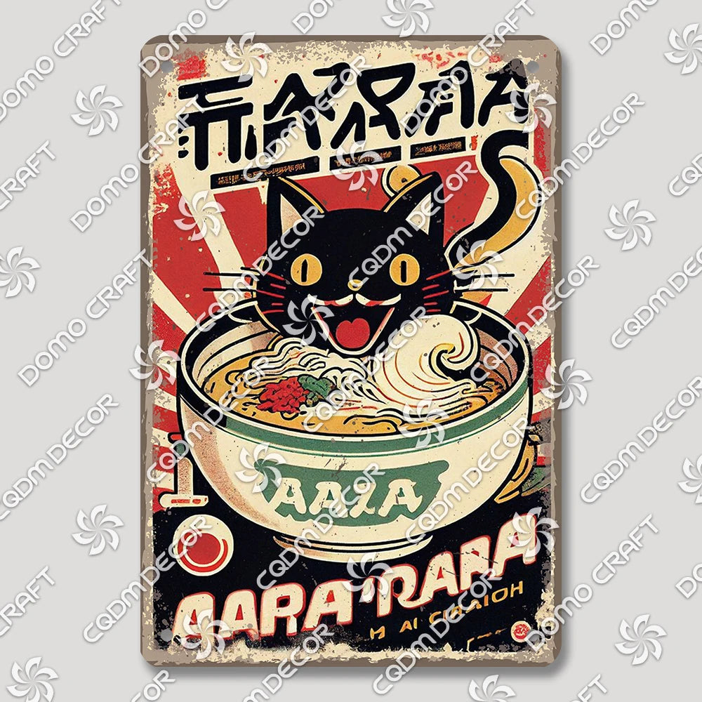 Cartoon Cat Japanese Food Plaque Tin Sign Retro Ramen Sushi Takoyaki Poster Metal Plates Bar Pub Restaurant Kitchen Wall Decor