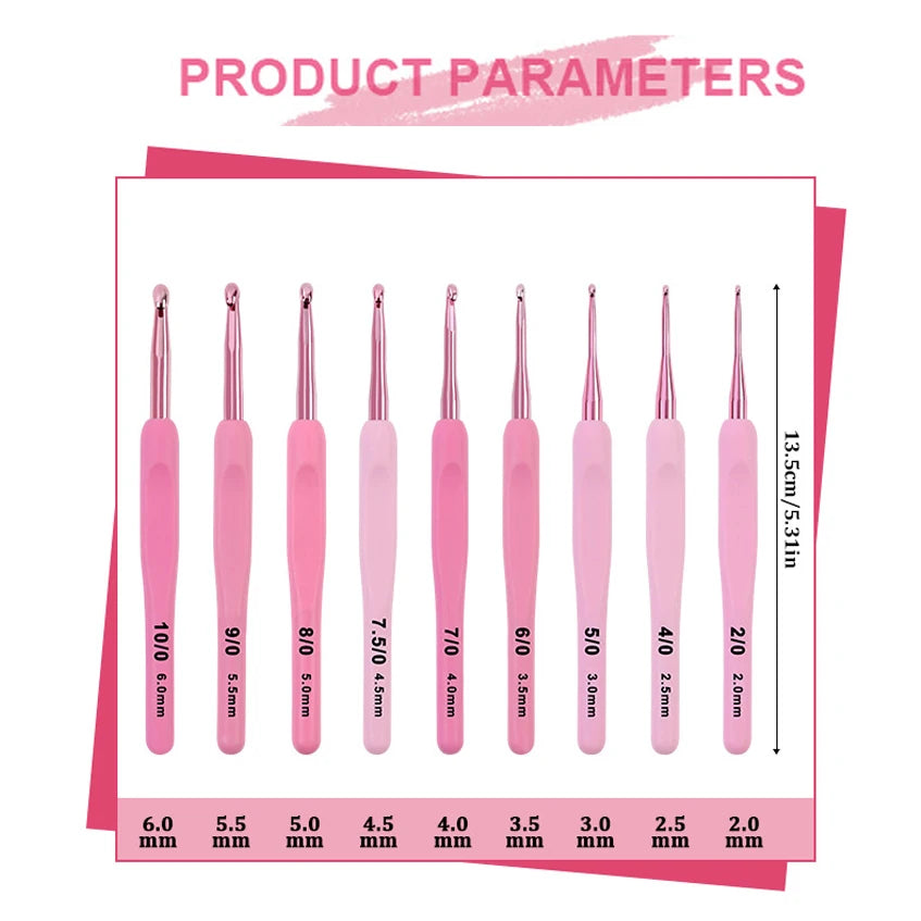 9pcs/set 2.0mm-6mm Pink Gradient Aluminum Crochet Hooks Ergonomic Soft Handle Crochet with Case Crochet Kit for Beginners