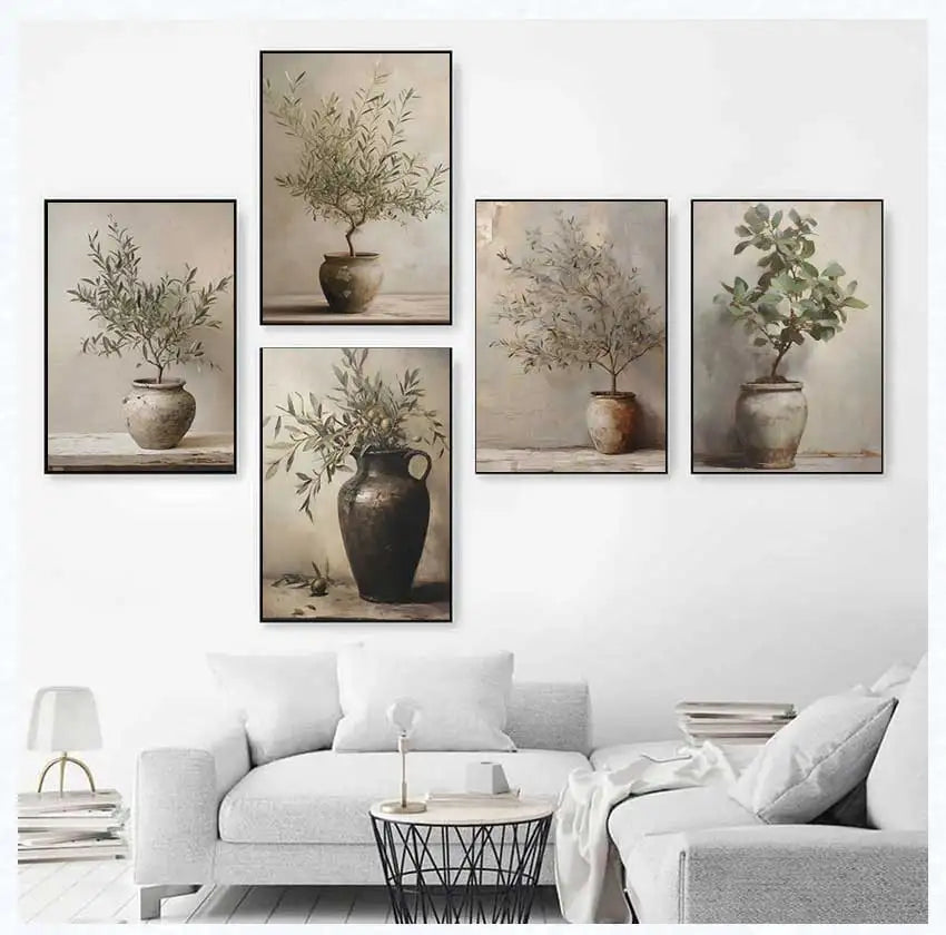 Vintage Minimalist Wall Art Italy Olive Tree in Vase Canvas Painting Poster Prints Still Life Botanical Antique Home Room Decor