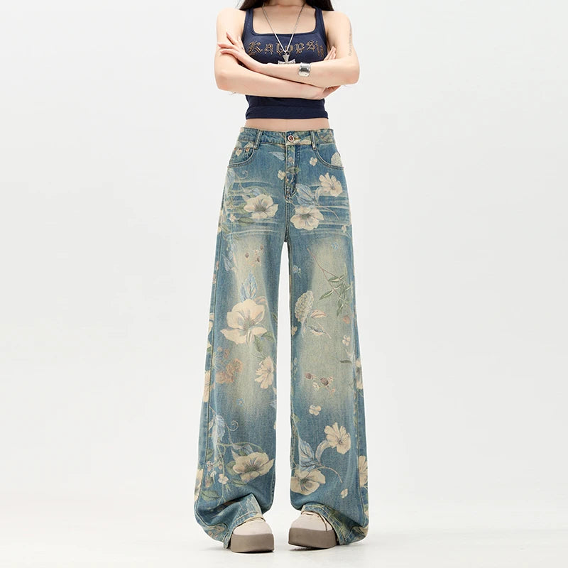 Summer Y2K Pants Jeans for Woman Loose Fit High Waist Retro Wide