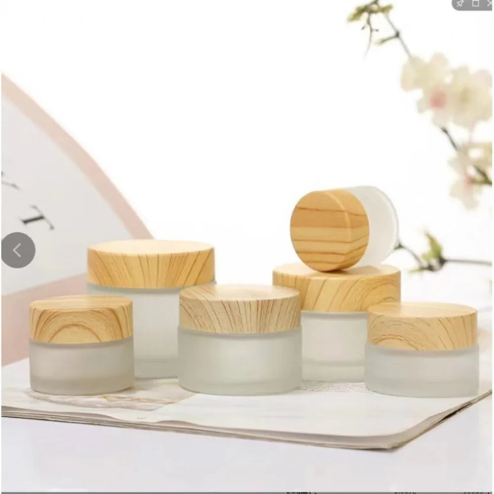 Durable Wood Grain Lid Frosted Glass Cream Jar Screw Cap Cosmetic Container Jar Cream Bottle Round Scrub Sub-bottling Skin Care