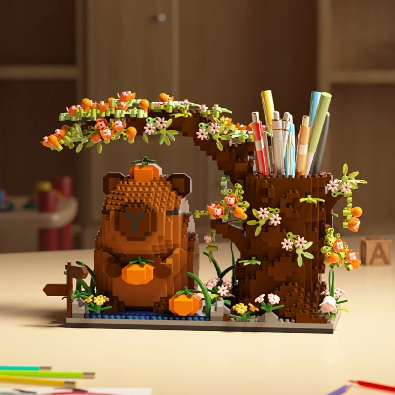 Capybara Building Block Pen Holder Multi-Function Desk Organizer for Office Supplies Cosmetics Birthday Gift Desktop Decoration