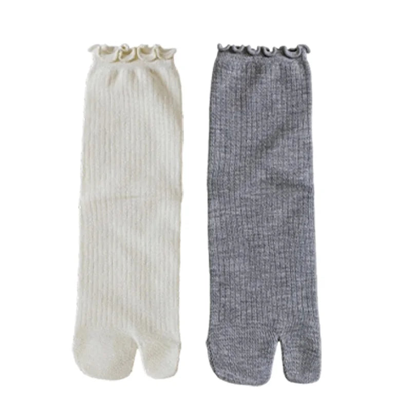 Japanese Ruffled Edge Cotton Split Toe Socks Solid Color Two-Toed Sock Unisex Harajuku Simple Tabi Socks High Elastic Hosiery