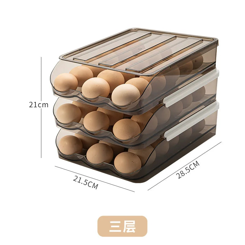 Automatic Slide Egg Storage Box Transparent Drawer, Stackable Rolling Eggs Rack Egg Tray Holder Basket, Kitchen Fridge Organize