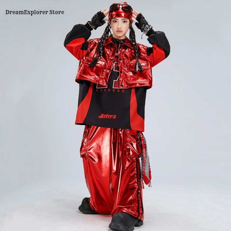Boys Hip Hop Sweatshirt Shiny Vest Street Dance Cargo Pants Girls K-pop Clothes Set Kids Jazz Red Costumes Children Streetwear