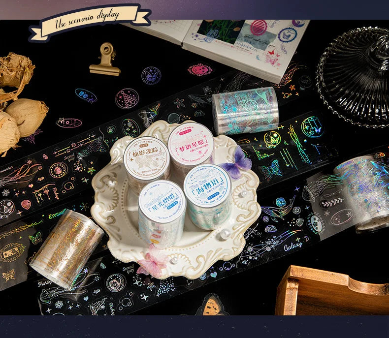 5.5*200cm 1roll Metallic PET Tape for Journaling, Laser Gold/Silver Decorative Stickers, DIY Scrapbook Washi Supplies
