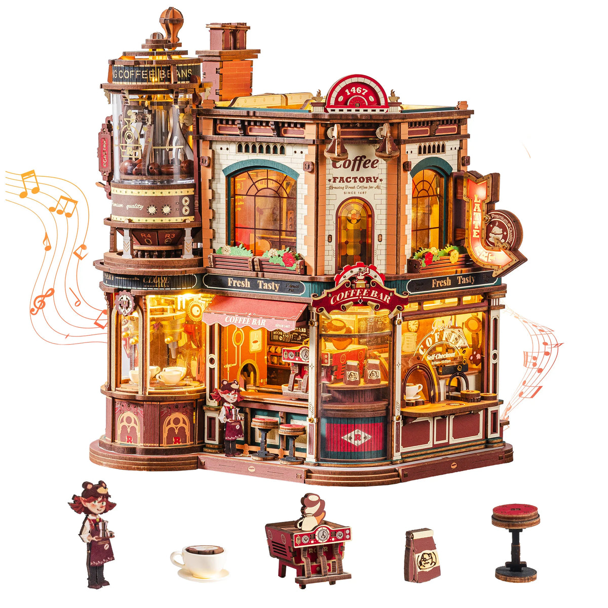 ROKR Wooden 3D Puzzle Dream Coffee Factory Music Box