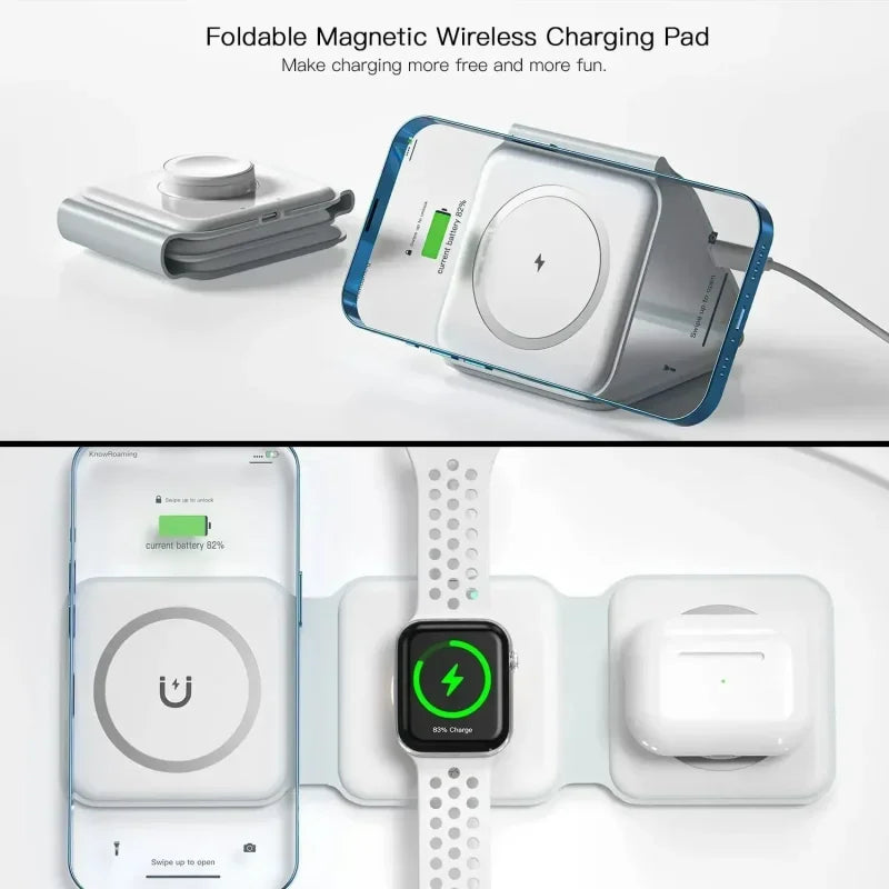 3 in 1 Magnetic Wireless Charger Portable Fast Charging Dock Station Foldable Stand Trip Charger For iPhone Apple Watch AirPods