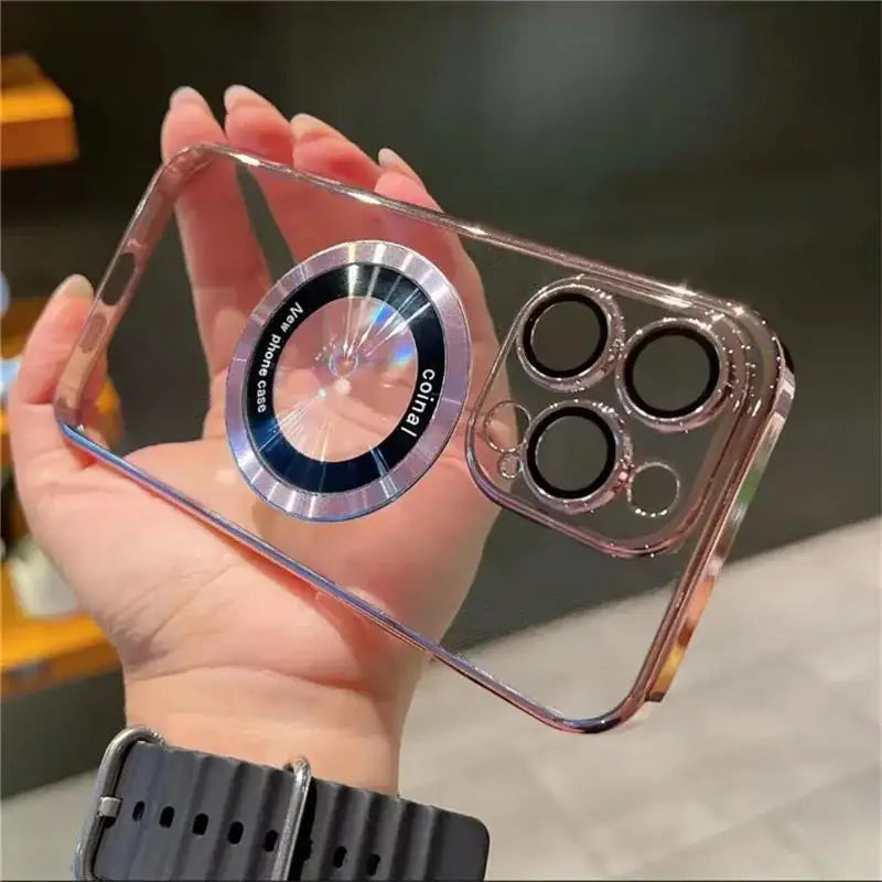Luxury Logo Window Magnet Wireless Charger Plating Clear Case For iPhone 16 15 14 13 12 11 Pro Max Plus Back Cover For Magsafe