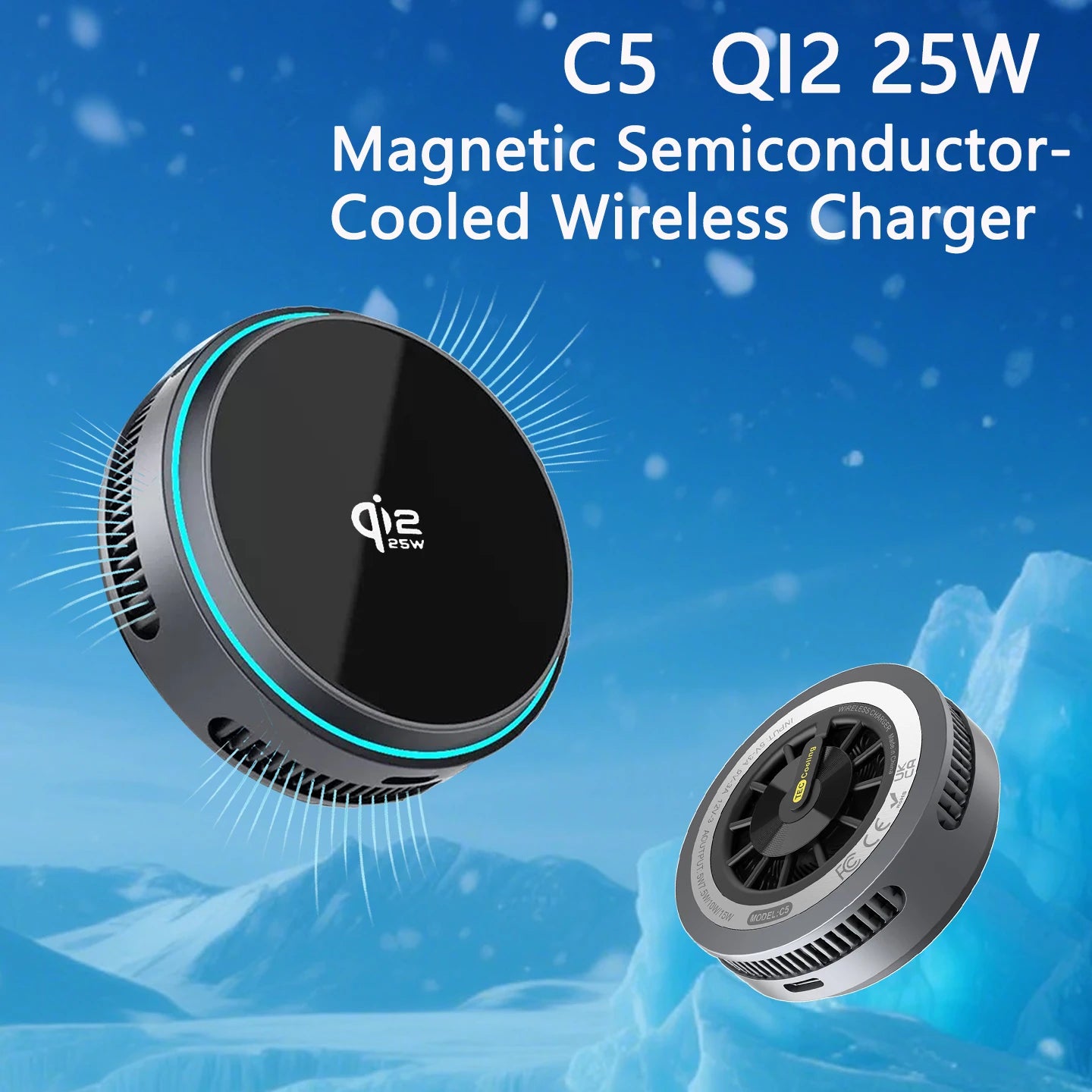 2025 Qi2.2 25w semiconductor-cooled mobile phone radiator, portable magnetic wireless charger with RGB lights.