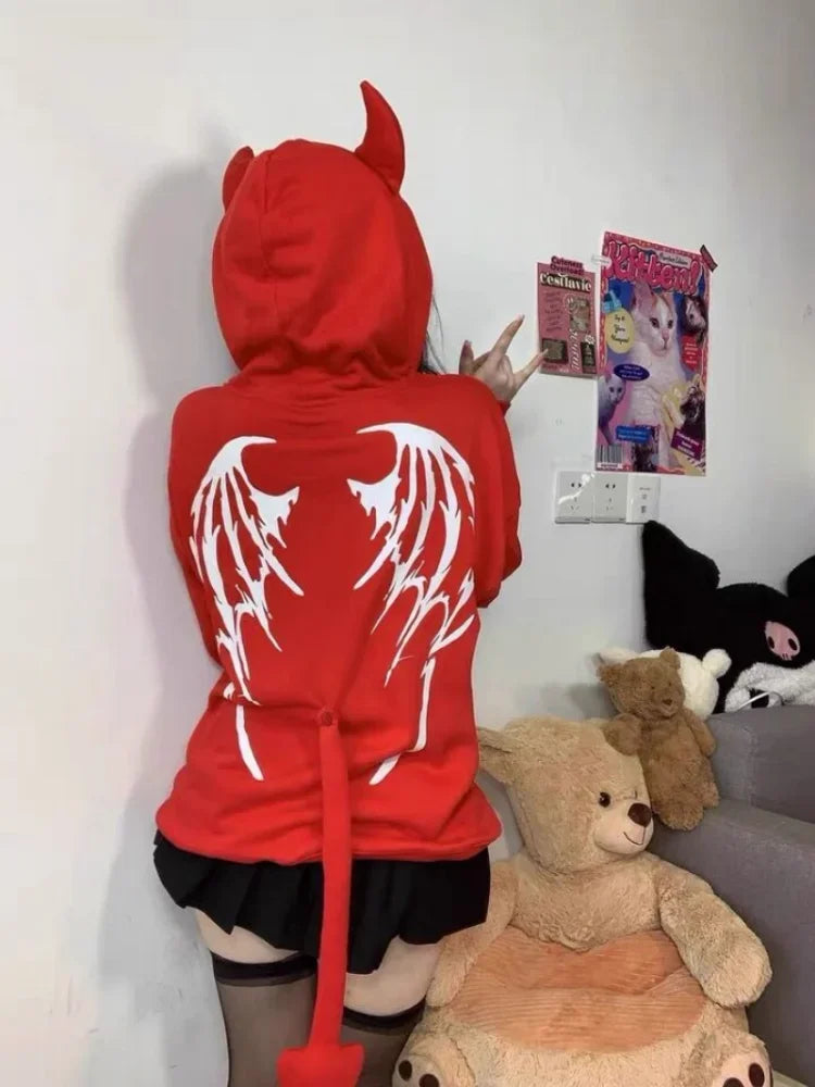 Japanese Zip Up Devil Horns Hoodies Women Harajuku Punk Gothic Sweatshirt Fairy Grunge Jacket Coat Streetwear Alt Emo Clothes