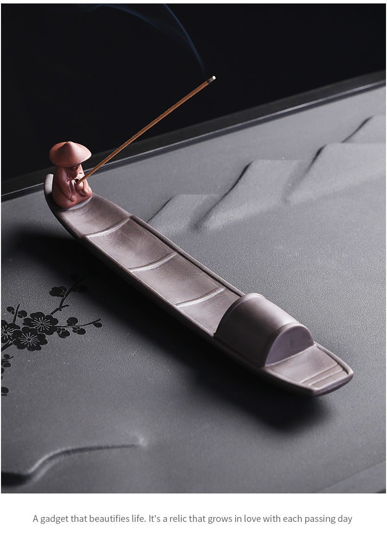 1pc Incense Stick Holder, Zen Meditation Purple Clay Fisherman Fishing Incense Stick Holder Home Decor (Without Incense)