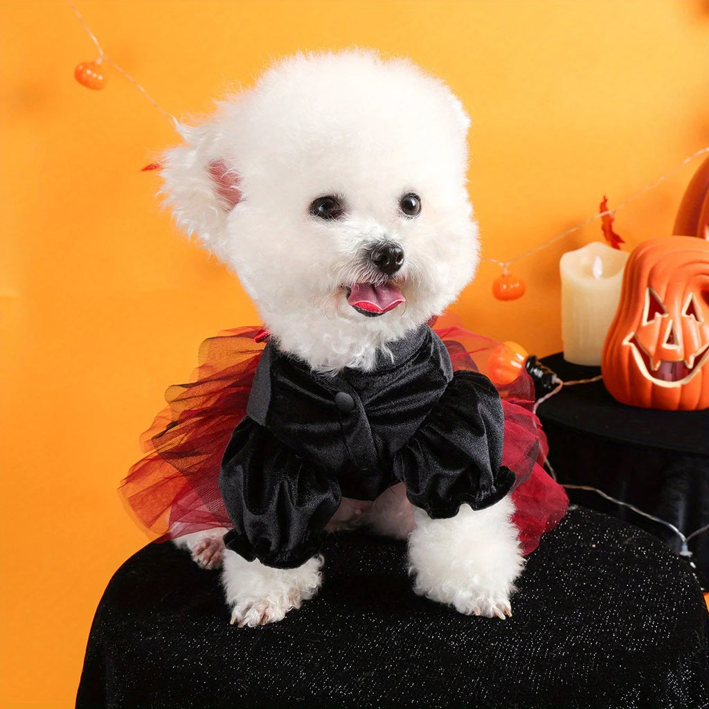 Halloween Pirate Wedding Dress Pet Clothes Dog Cat Black Thermal Dress Funny Red Skull Splicing Open Button Dress
