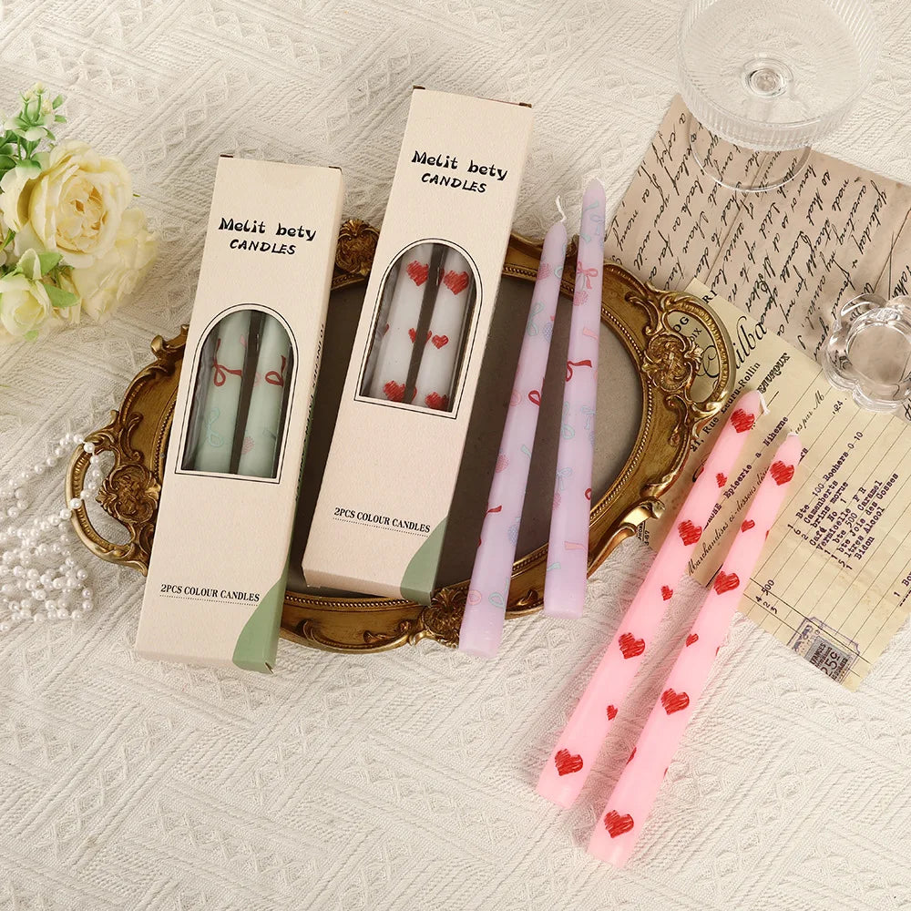 2pcs Colorful Printed Cherry Cone Stick Candles, Smokeless, Romantic, for Weddings, Valentine's Day, Heart-shaped Stick Candles
