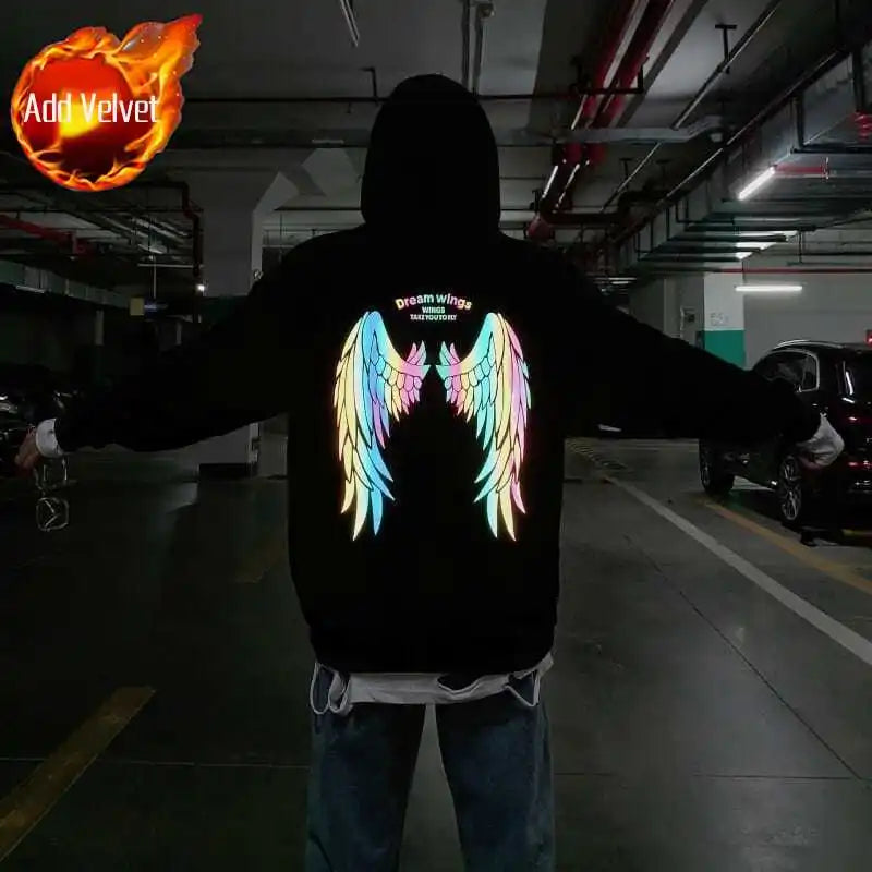 Reflective Male Hoodie Hip Hop Overfit New in No Brand Y2k Vintage Novelty and Simple 90s Tops Fleeced Men's Hooded Sweatshirt