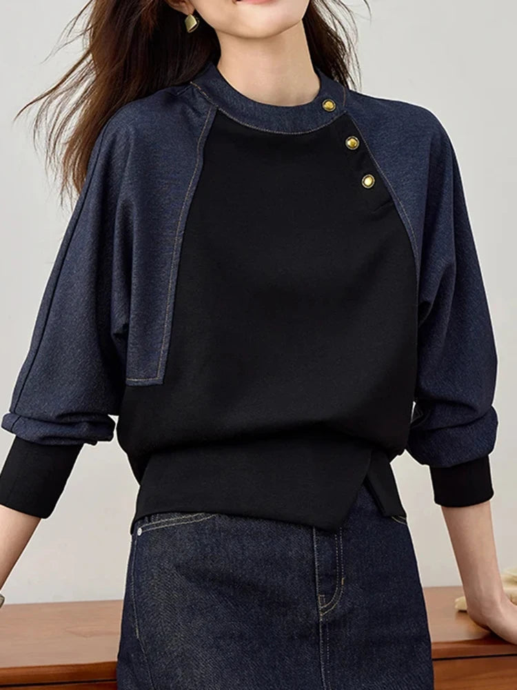 Aoaiiys Hoodies Women O Neck Button Decor Sweatshirt Contrast Color Spliced Pullovers Spring Autumn Vintage Casual Sweatshirts