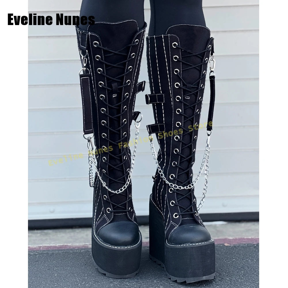Metal Chain Decoration Canvas Boots Round Toe Wedges Lace up Lady