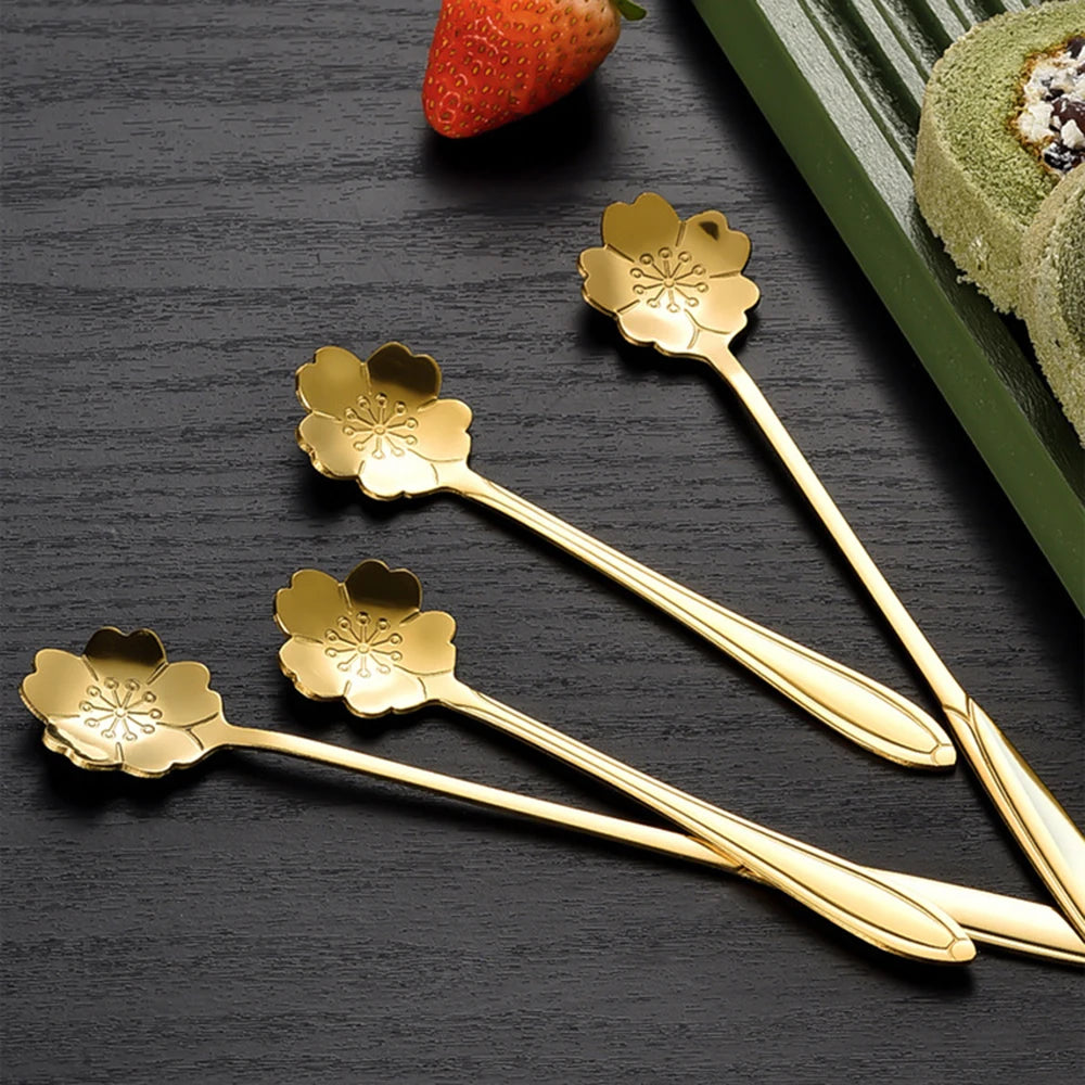 Flower Shape Coffee Spoon Gold Stainless Steel Dessert Spoon Ice Cream Scoop Tableware Kitchen Accessories