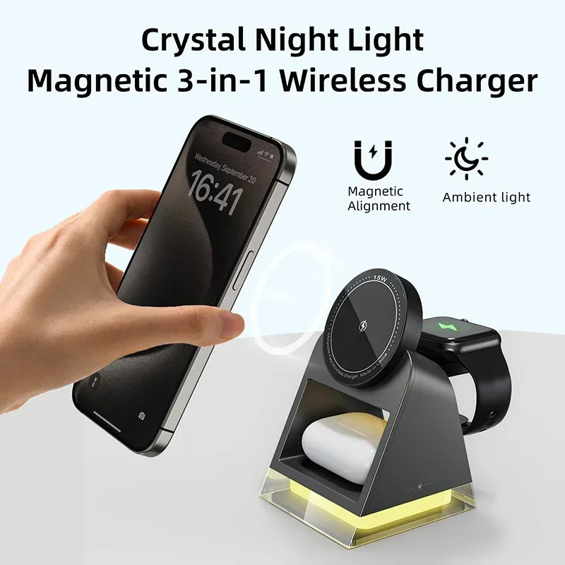 3 in 1 LED Light Magnetic Wireless Charger for iPhone 15 14 13 12 Pro Max iWatch 8 7 Airprods Pro Fast Wireless Charging Station