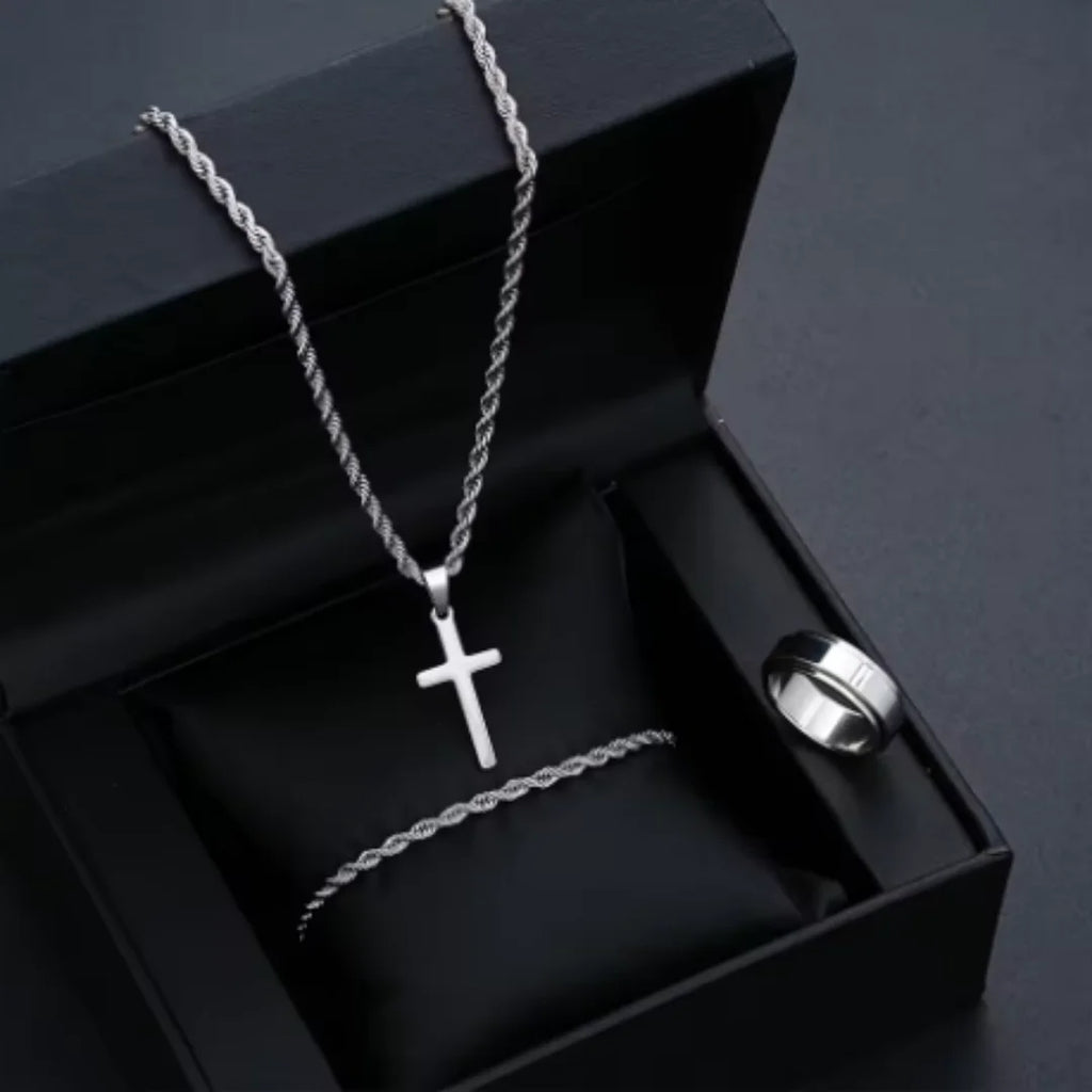 3PCSUnisex Minimalist Jewelry Set, Featuring A Fashionable Silver Cross Pendant, Twisted Rope Necklace, Bracelet, And Ring