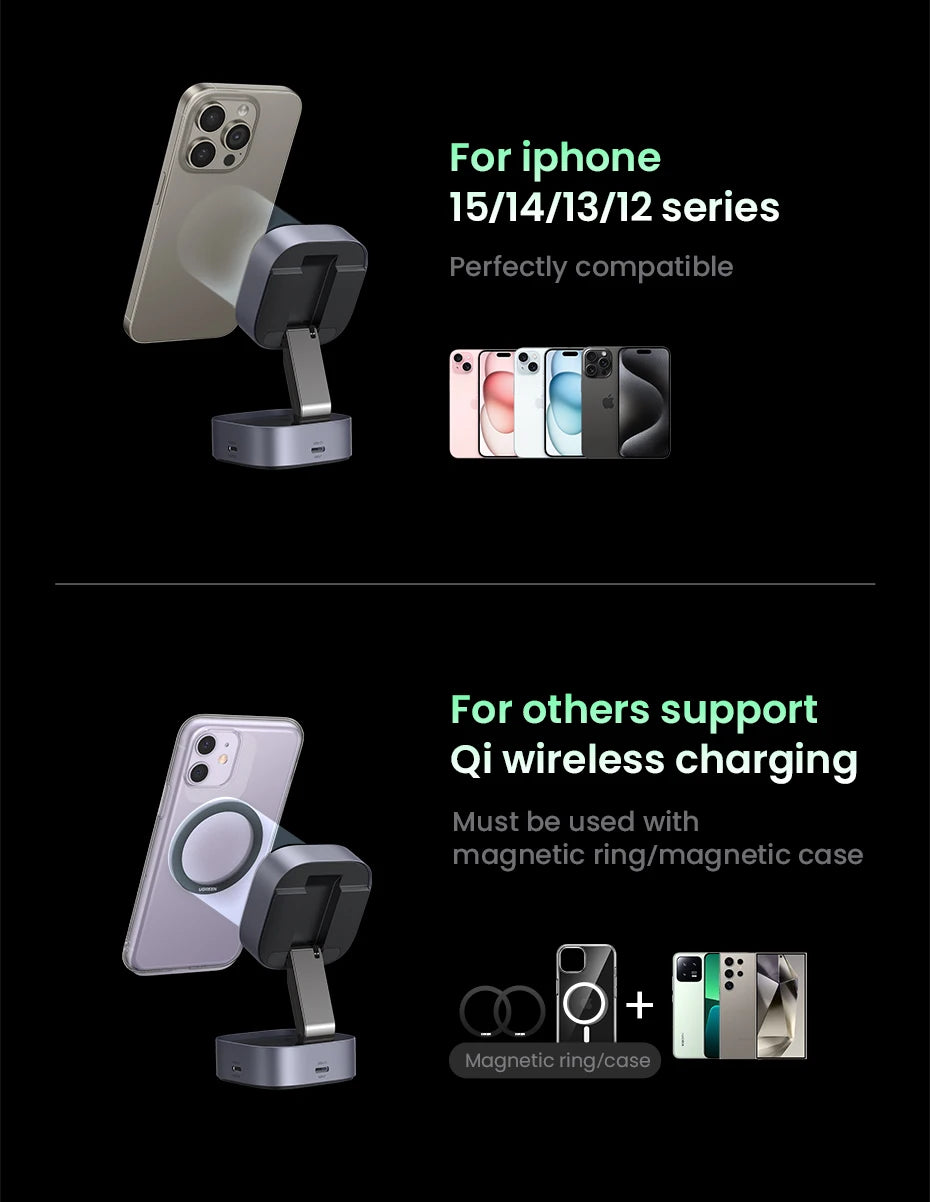 BR Sale UGREEN 15W Magnetic Wireless Charger 2-in-1 Charging Stand For iPhone 16 17 Pro Max/AirPods For Magsafe Fast Charger