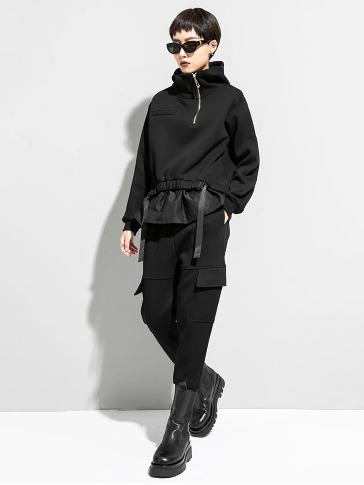 [EAM] Loose Fit Ruffles Spliced Sweatshirt New Hoooded Long Sleeve Women Big Size Fashion Tide Spring Autumn 2026 1DD2569