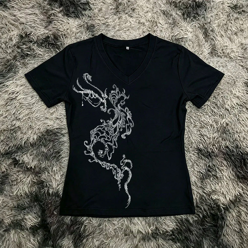 Y2K Aesthetic T-shirt for Women, Fashion V-neck, Casual Pattern, Retro Punk Short Sleeve, Gothic Open Umbilical Top, Girl Fit T-