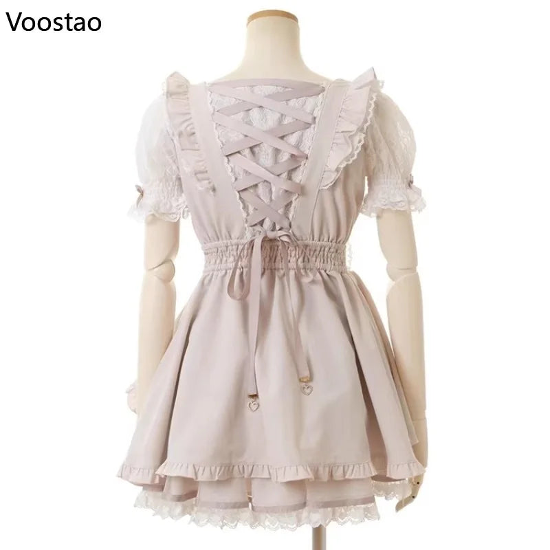 Japanese Sweet Lolita Rhinestone Bow Dress Kawaii Women Y2k - Black