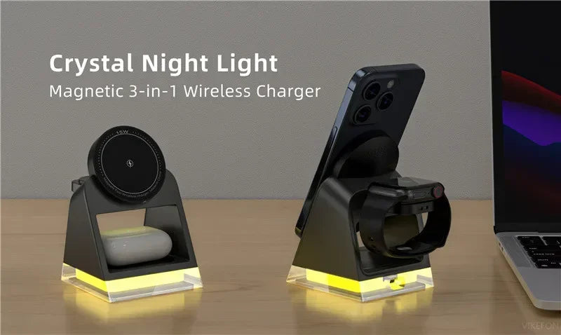 3 in 1 LED Light Magnetic Wireless Charger for iPhone 15 14 13 12 Pro Max iWatch 8 7 Airprods Pro Fast Wireless Charging Station