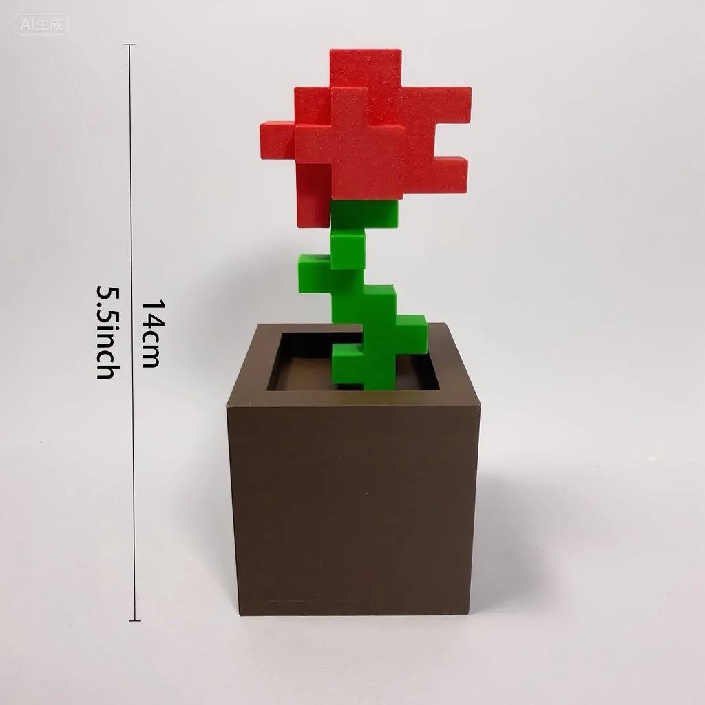 1 Piece Pixel Rose Flower Ornament, 3D Printed Unique Flower Decoration, Plastic Flower Item Suitable for Bedside Table, Desktop, Office Desk Decoration, Furniture Decoration