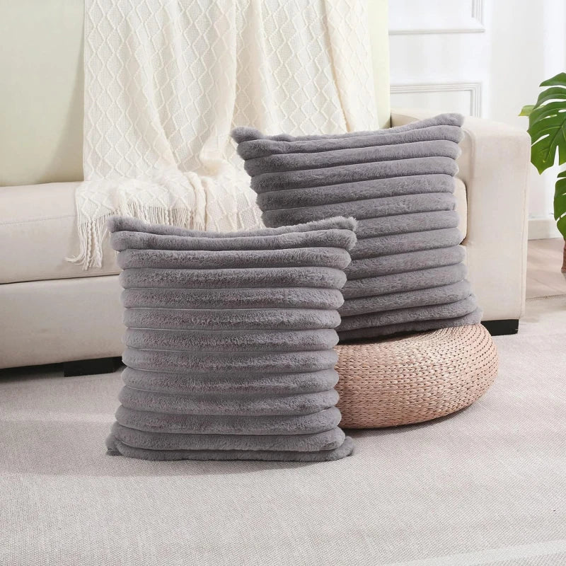 Artificial Rabbit Fur Square Cushion Cover Simple Stripe Super Soft Pillowcase 45x45 Cm Sofa Decorative Cushion Cover