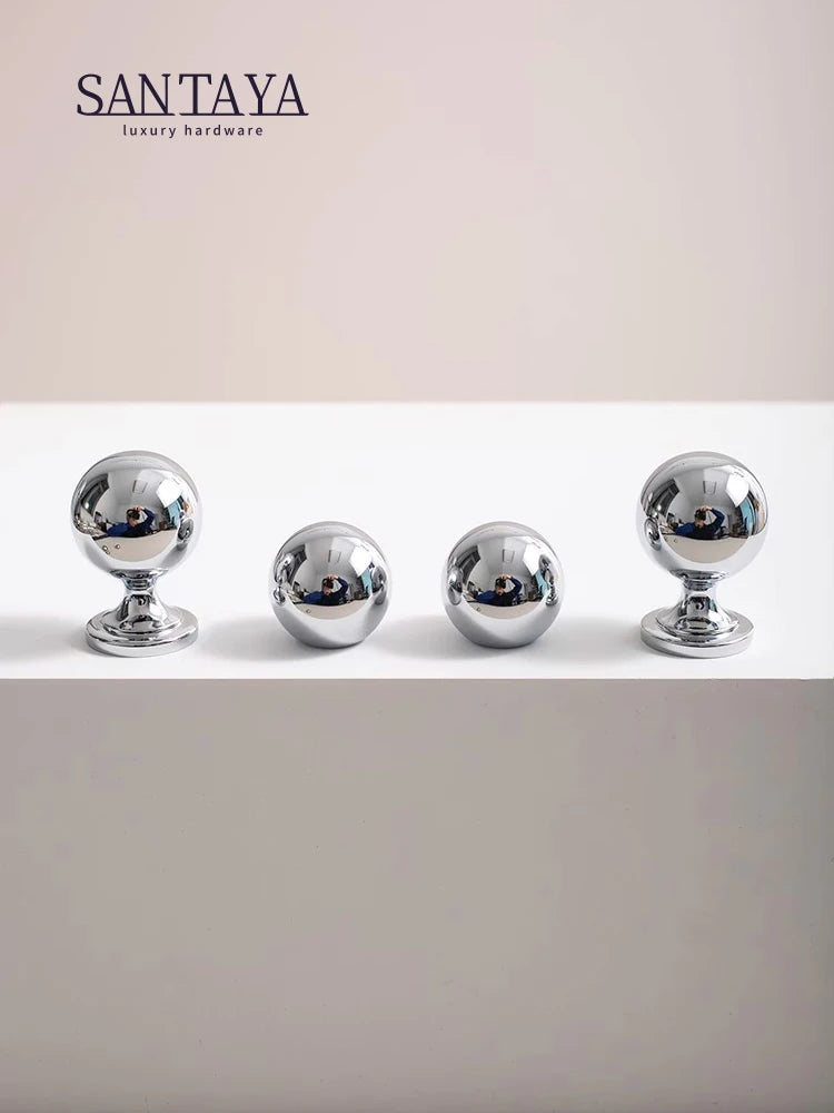 Santaya Brass Drawer Round Knobs Chrome Bright Silver Modern Minimalist Dresser Handle Single Hole Ball Kitchen Cabinet Pulls