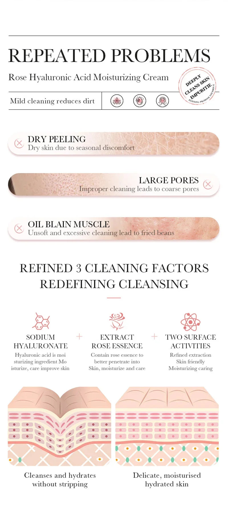 BIOAOUA Hyaluronic Acid Rose Essence Cream Shrink Pores Anti-oxidation Lock Water Hydrating Moisturizing Face Cream Skin Care