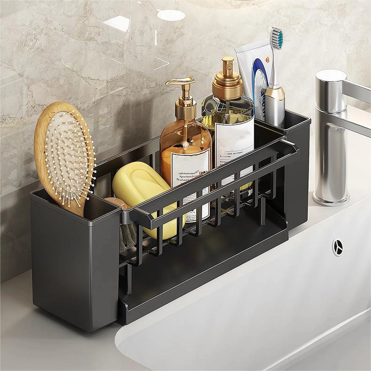 Kitchen Sink Organiser,Kitchen Sink Sponge Holder With Brush Holder,Rag Drain Rack,  Bathroom Organizer, Sink Faucet Sink Ra