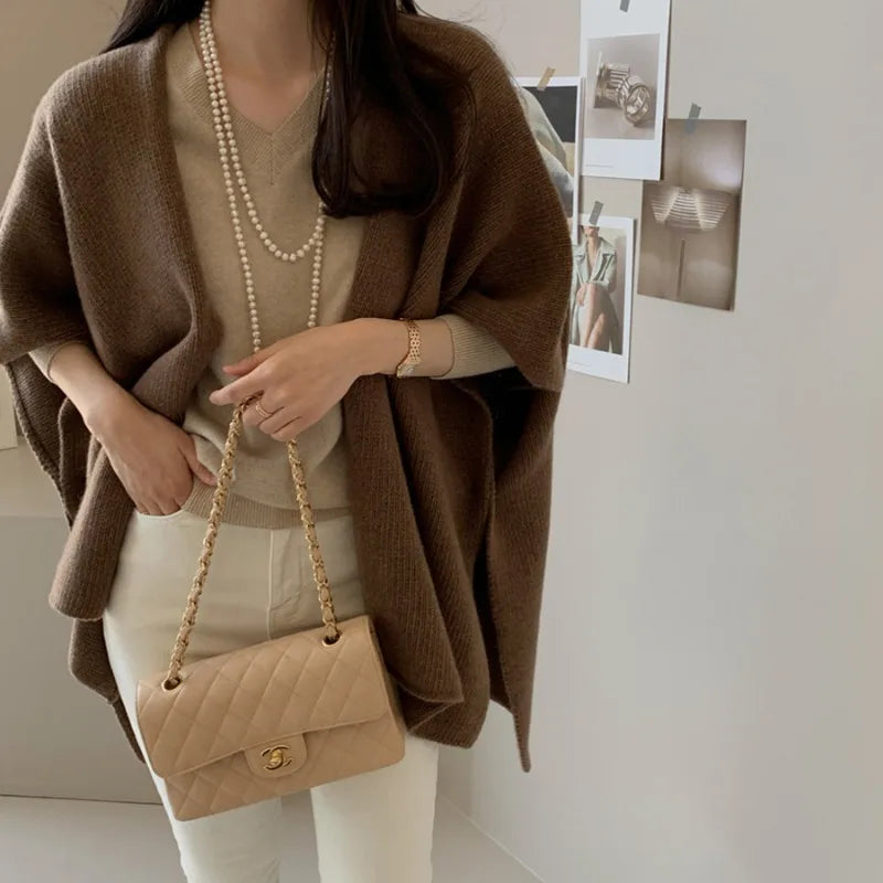 Korean Style Knitted Shawl Jacket Women's Casual Warm Knitted Cardigan Cloak Elegant Solid Color Women's Knitted Cardigan